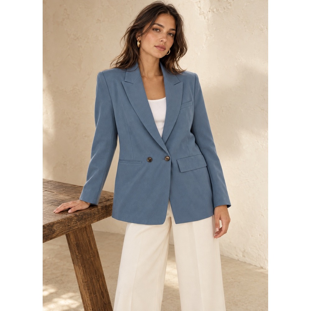 Zara Blazer XL Blue Double Breasted Oversized Peak Lapel Professional Modern